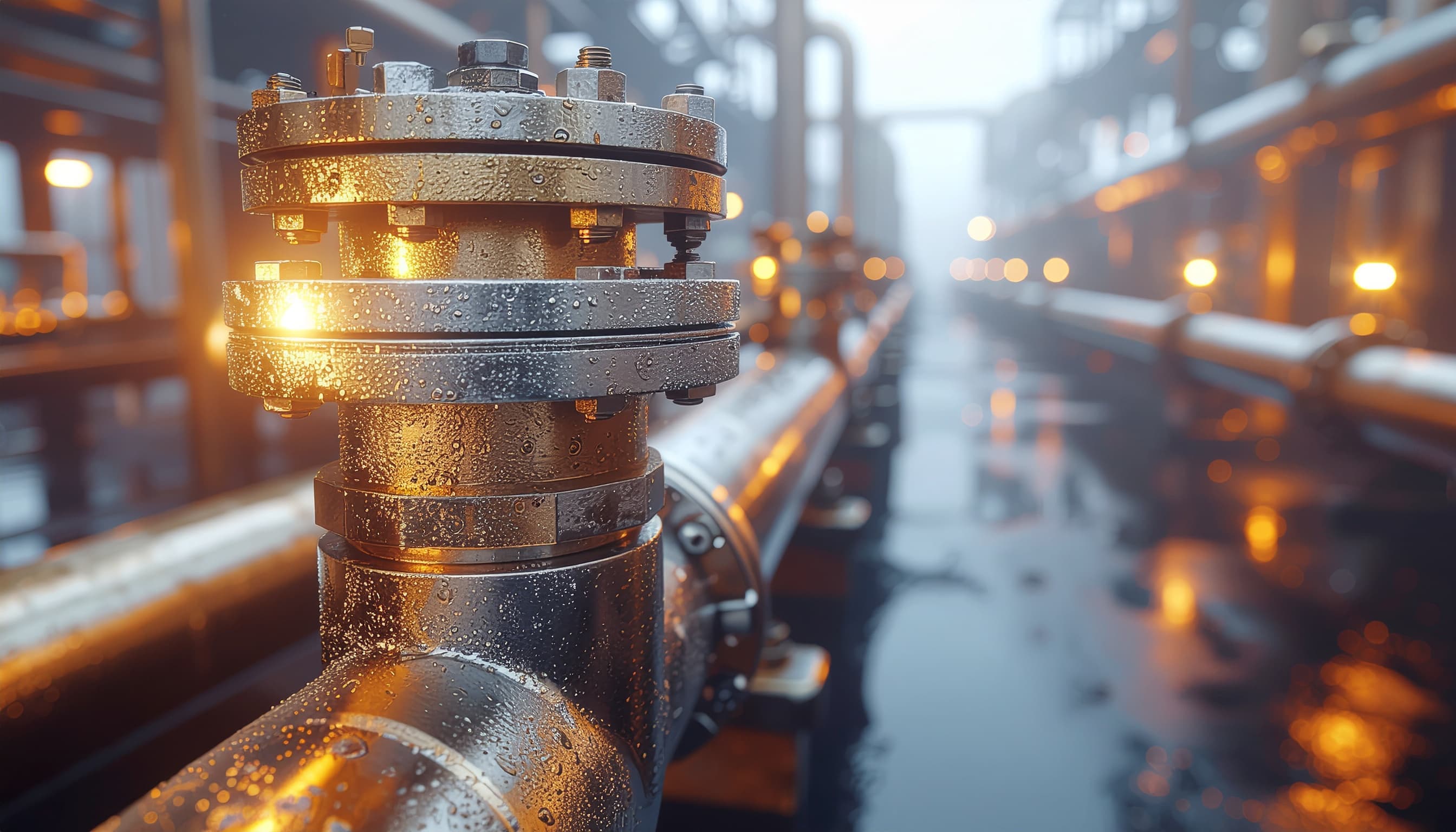 Flanged valve and stainless steel pipeline in an industrial plant Flanged valve and stainless steel pipeline in an industrial plant